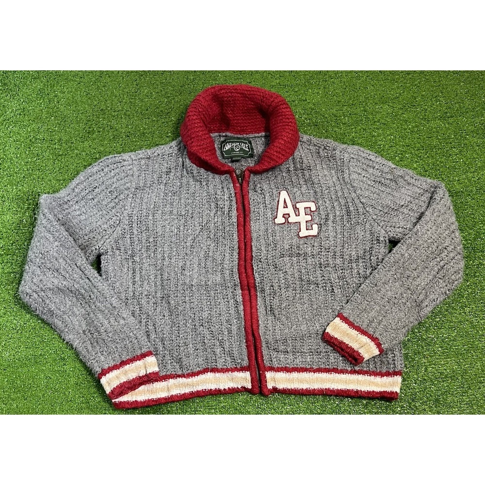 Retro American Eagle Sweater X Sm. Gray Red Varsity Cardigan Cropped Full Zip AE